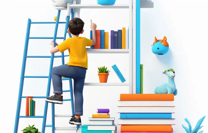 Searching Library Shelves 3D Character Artwork Illustration image
